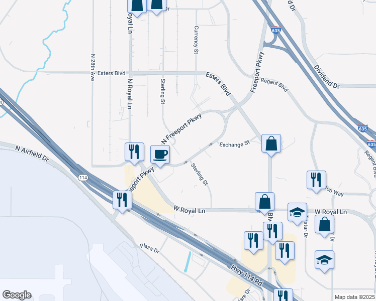 map of restaurants, bars, coffee shops, grocery stores, and more near 8616 Freeport Parkway in Irving