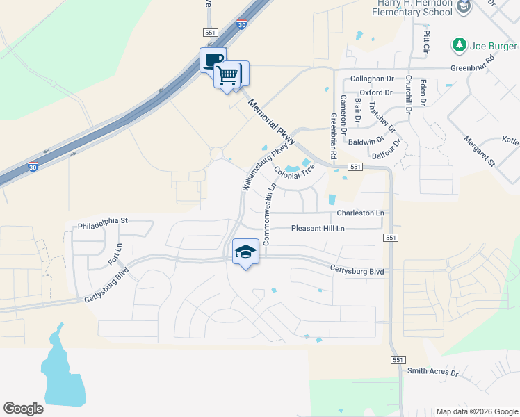 map of restaurants, bars, coffee shops, grocery stores, and more near 204 Charleston Lane in Royse City