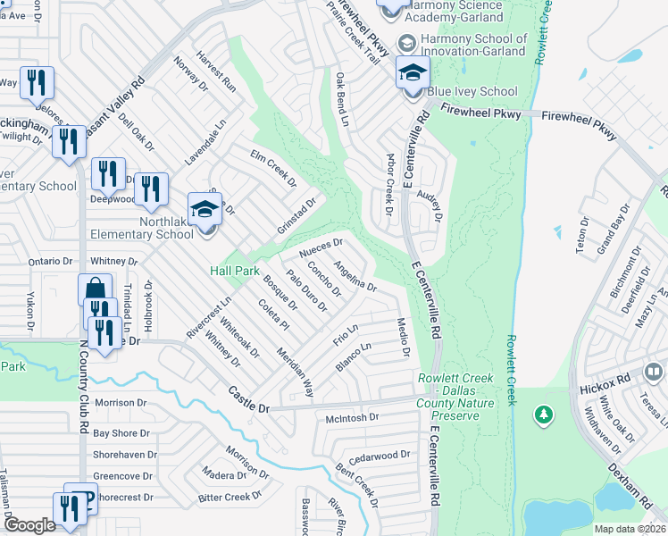 map of restaurants, bars, coffee shops, grocery stores, and more near 1818 Angelina Dr in Garland