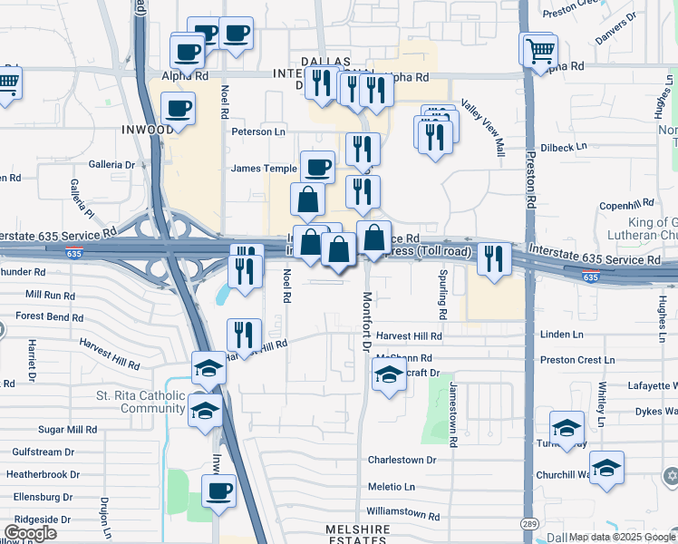map of restaurants, bars, coffee shops, grocery stores, and more near 5580 Lyndon B Johnson Freeway in Dallas