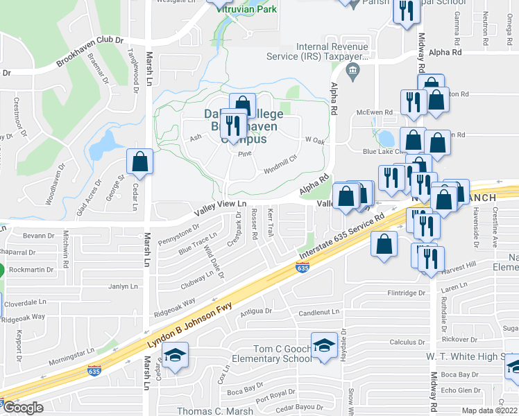 map of restaurants, bars, coffee shops, grocery stores, and more near 13162 Rosser Road in Farmers Branch