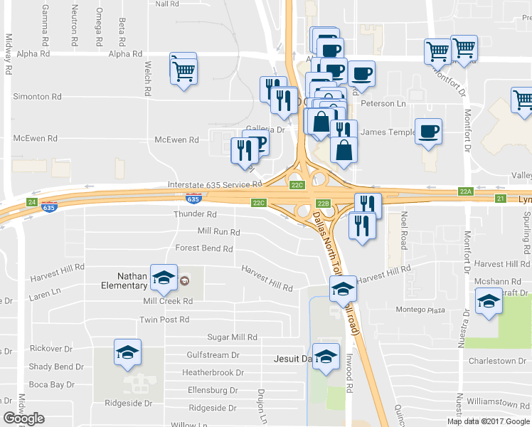 map of restaurants, bars, coffee shops, grocery stores, and more near 4949 Thunder Road in Dallas