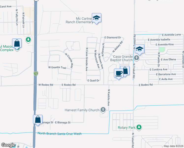 map of restaurants, bars, coffee shops, grocery stores, and more near 472 East White Wing Drive in Casa Grande