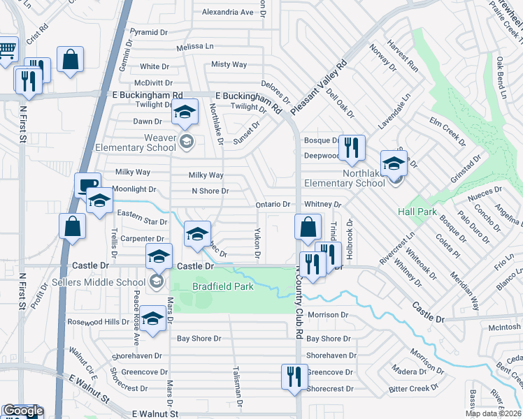 map of restaurants, bars, coffee shops, grocery stores, and more near 1202 Ontario Drive in Garland