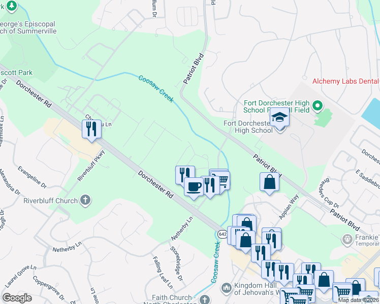 map of restaurants, bars, coffee shops, grocery stores, and more near 8673 Grassy Oak Trail in North Charleston