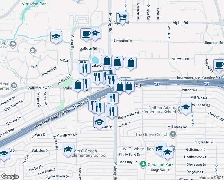 map of restaurants, bars, coffee shops, grocery stores, and more near 12998 Midway Road in Dallas
