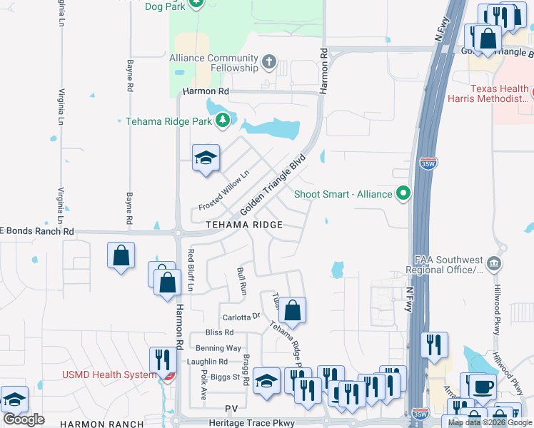 map of restaurants, bars, coffee shops, grocery stores, and more near 10449 Mono Lake Road in Fort Worth