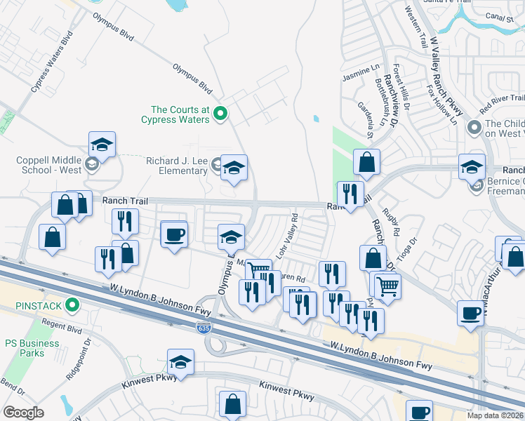 map of restaurants, bars, coffee shops, grocery stores, and more near 2043 Loma Alta Road in Irving
