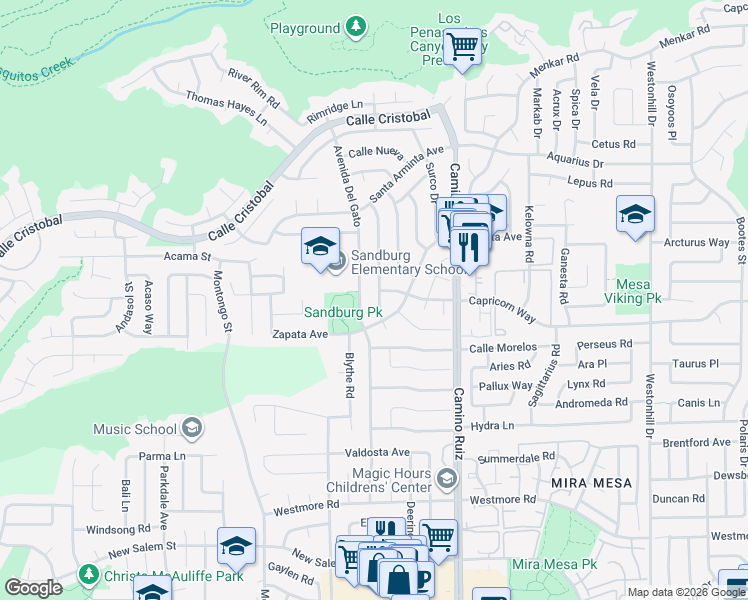 map of restaurants, bars, coffee shops, grocery stores, and more near 11184 Calle Dario in San Diego