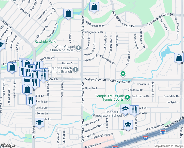 map of restaurants, bars, coffee shops, grocery stores, and more near 3140 Colchester Drive in Farmers Branch