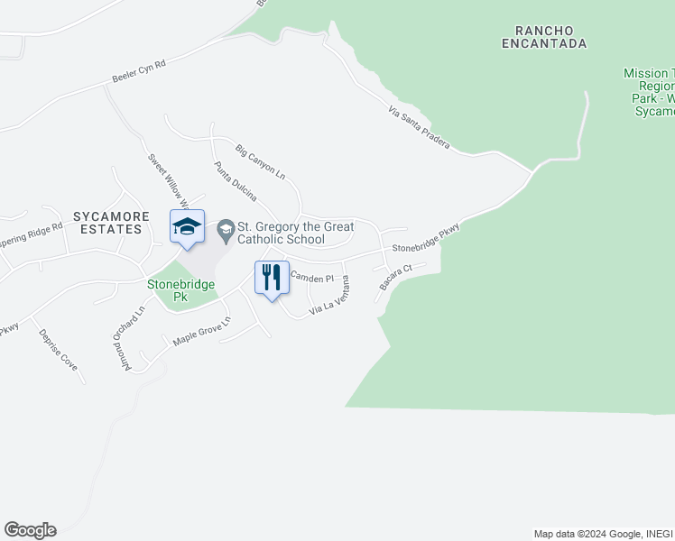 map of restaurants, bars, coffee shops, grocery stores, and more near 16214 Camden Place in San Diego