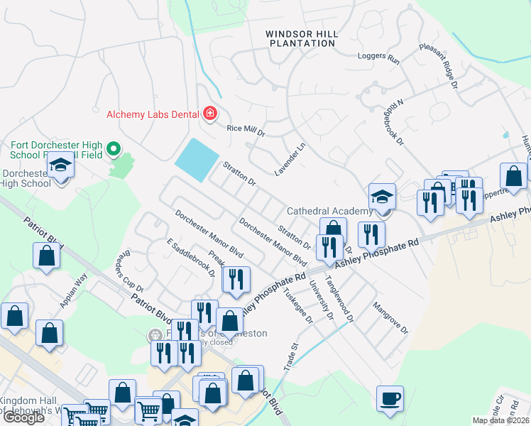 map of restaurants, bars, coffee shops, grocery stores, and more near 40 Stratton Drive in North Charleston