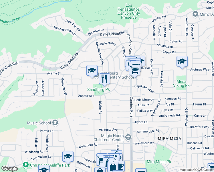 map of restaurants, bars, coffee shops, grocery stores, and more near 11184 Calle Dario in San Diego