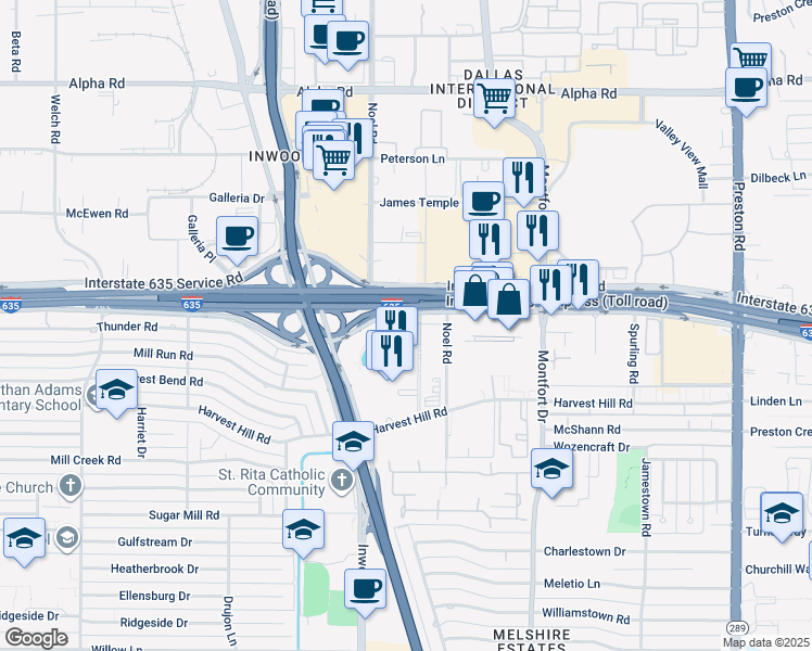 map of restaurants, bars, coffee shops, grocery stores, and more near 5400 Lyndon B Johnson Freeway in Dallas