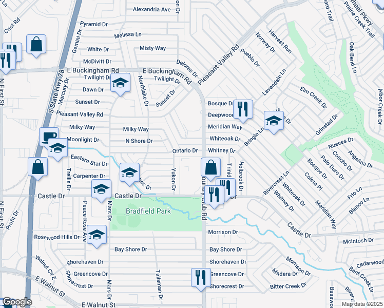 map of restaurants, bars, coffee shops, grocery stores, and more near 1314 Ontario Drive in Garland