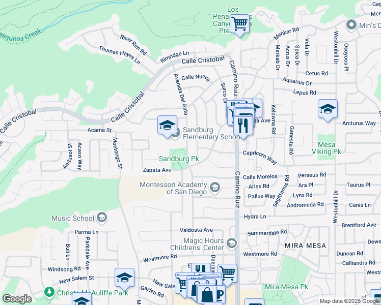 map of restaurants, bars, coffee shops, grocery stores, and more near 11205 Avenida Del Gato in San Diego