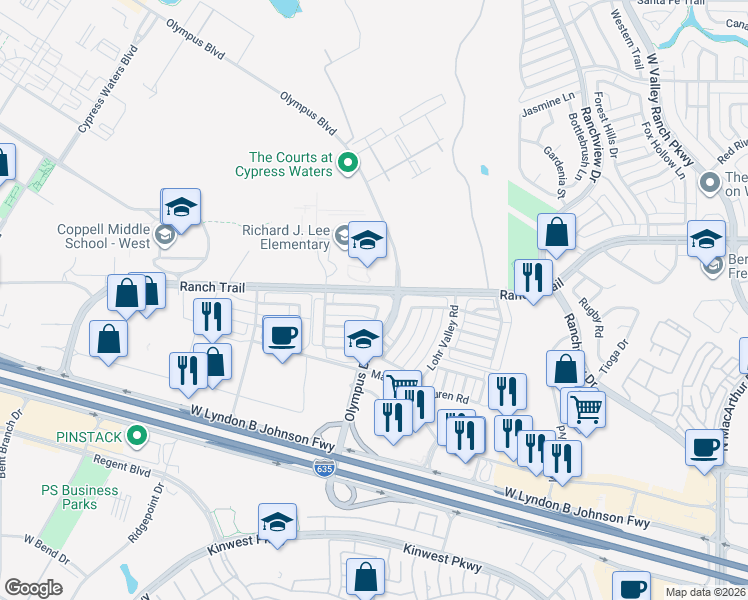 map of restaurants, bars, coffee shops, grocery stores, and more near 2211 Ranch Trail in Irving