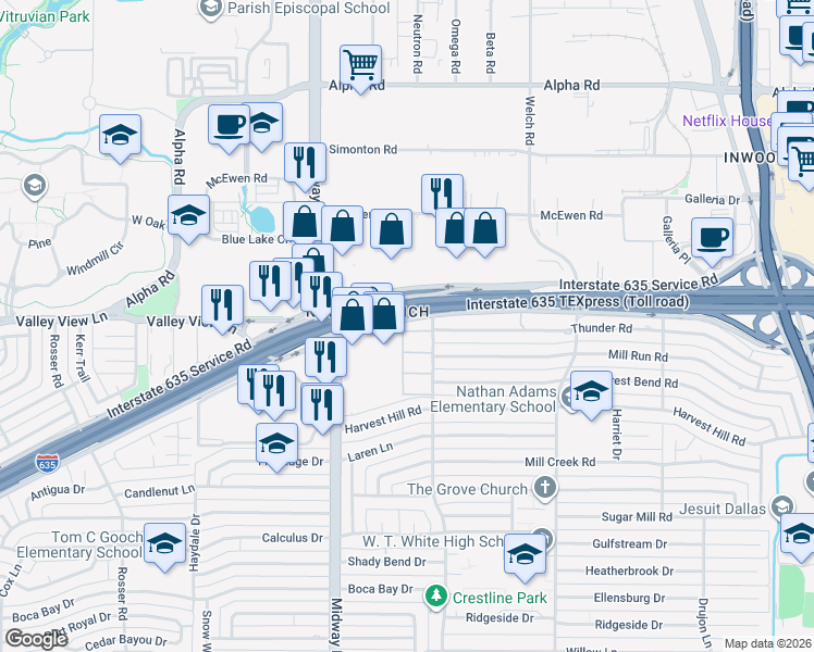 map of restaurants, bars, coffee shops, grocery stores, and more near 4305 Thunder Road in Dallas