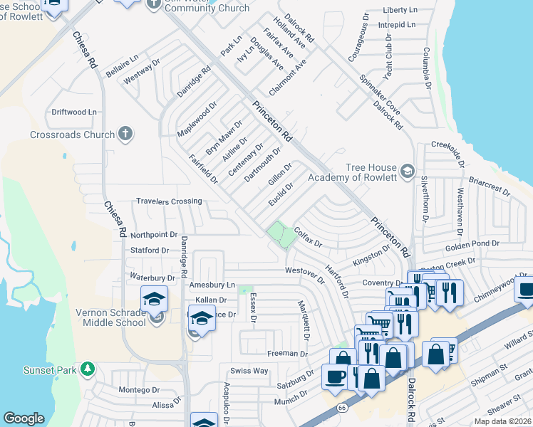 map of restaurants, bars, coffee shops, grocery stores, and more near 7214 Euclid Drive in Rowlett