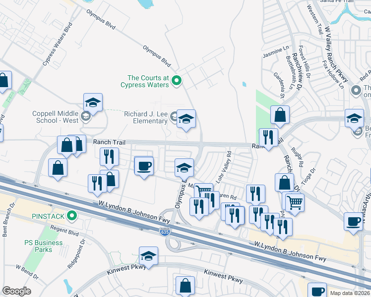 map of restaurants, bars, coffee shops, grocery stores, and more near 2211 Ranch Trail in Irving