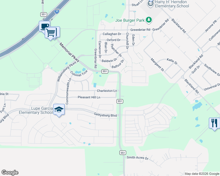 map of restaurants, bars, coffee shops, grocery stores, and more near 2060 Farm to Market Road 551 in Royse City