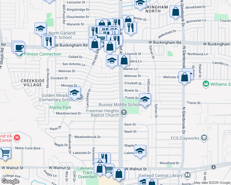 map of restaurants, bars, coffee shops, grocery stores, and more near 1422 Bowie Street in Garland