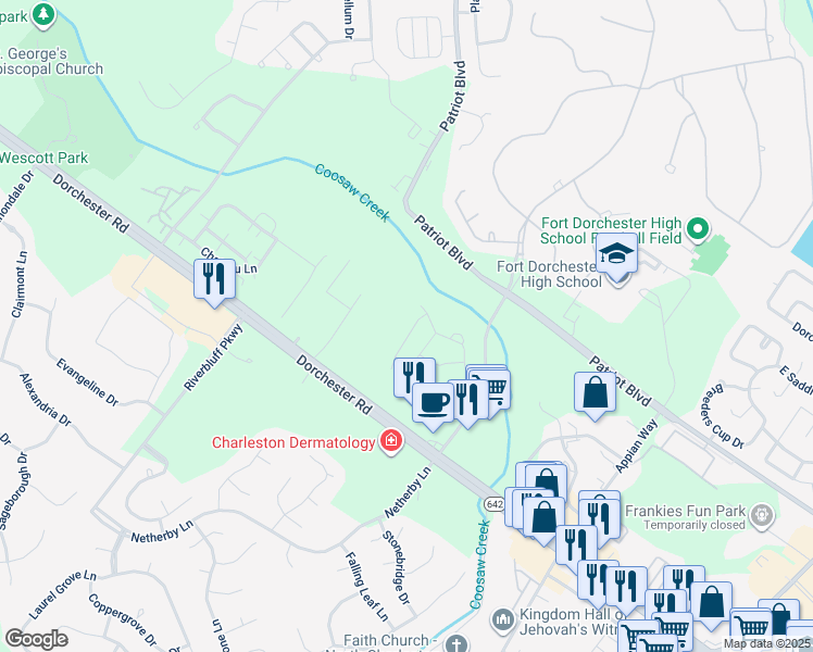 map of restaurants, bars, coffee shops, grocery stores, and more near 8673 Grassy Oak Trail in North Charleston
