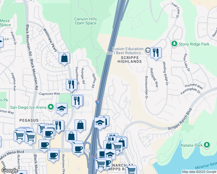 map of restaurants, bars, coffee shops, grocery stores, and more near 10050 Scripps Vista Way in San Diego