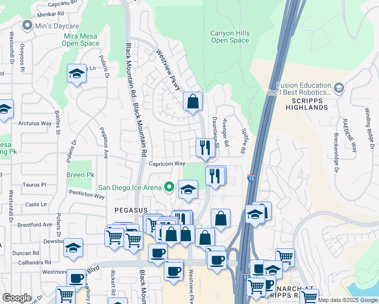 map of restaurants, bars, coffee shops, grocery stores, and more near 9624 Capricorn Way in San Diego