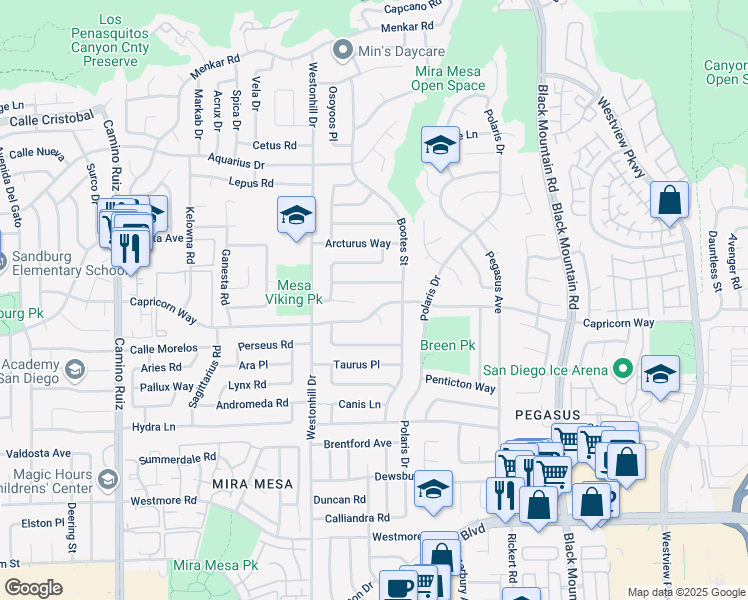 map of restaurants, bars, coffee shops, grocery stores, and more near 8859 Corvus Place in San Diego