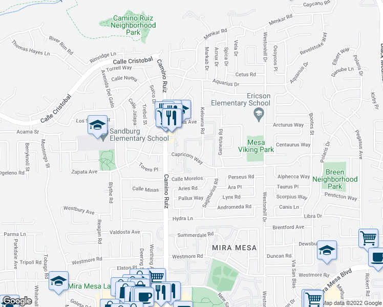 map of restaurants, bars, coffee shops, grocery stores, and more near 8392 Capricorn Way in San Diego