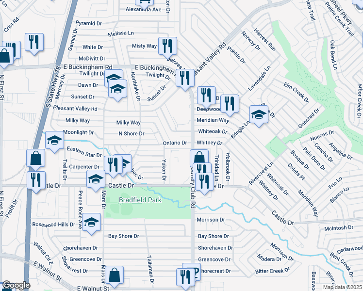 map of restaurants, bars, coffee shops, grocery stores, and more near 1314 Ontario Drive in Garland