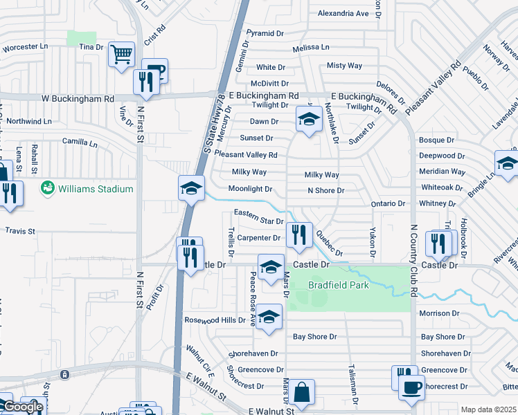 map of restaurants, bars, coffee shops, grocery stores, and more near 605 Eastern Star Drive in Garland