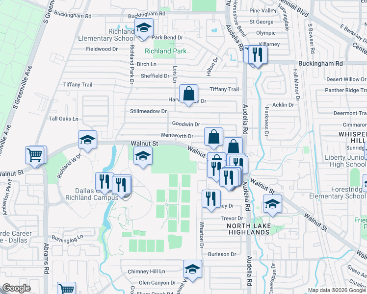 map of restaurants, bars, coffee shops, grocery stores, and more near 9500 Walnut Street in Dallas