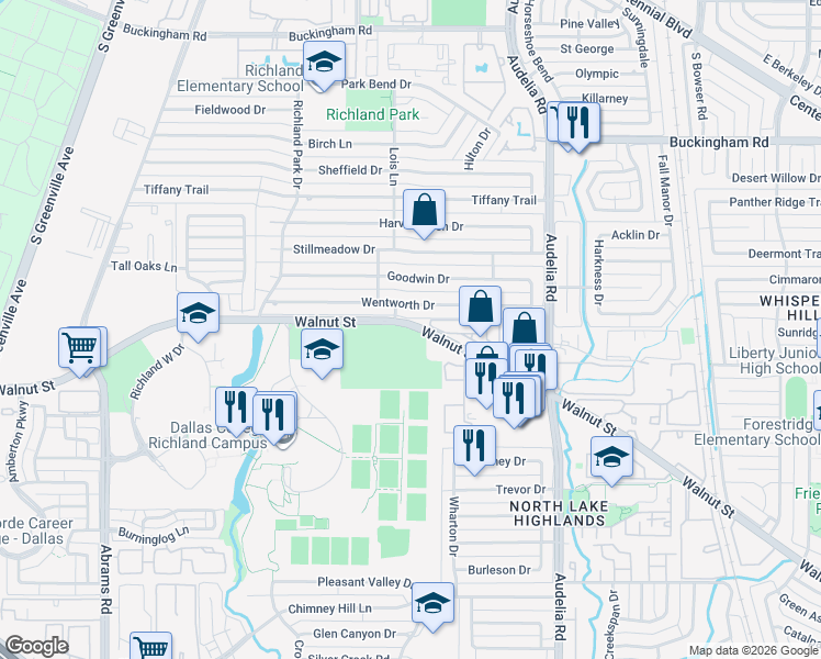 map of restaurants, bars, coffee shops, grocery stores, and more near 9500 Walnut Street in Dallas