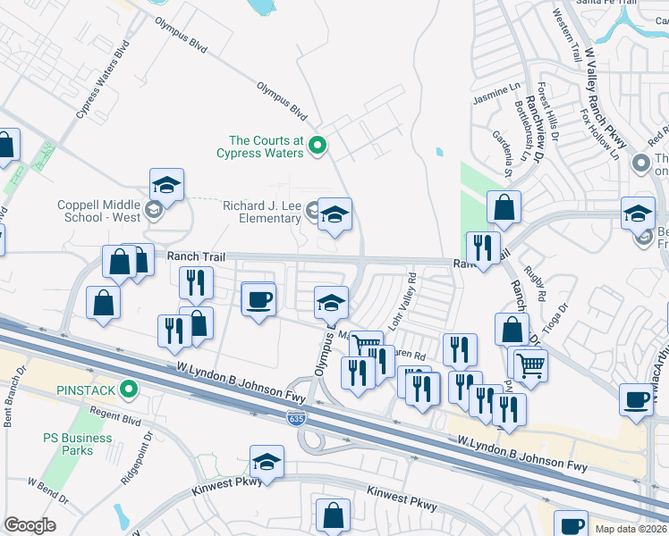 map of restaurants, bars, coffee shops, grocery stores, and more near 2211 Ranch Trail in Irving