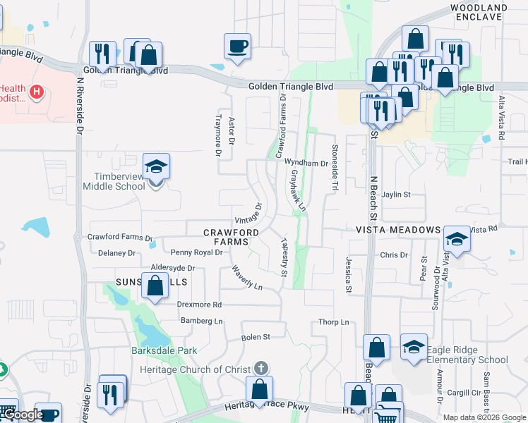 map of restaurants, bars, coffee shops, grocery stores, and more near 10336 Vintage Drive in Fort Worth
