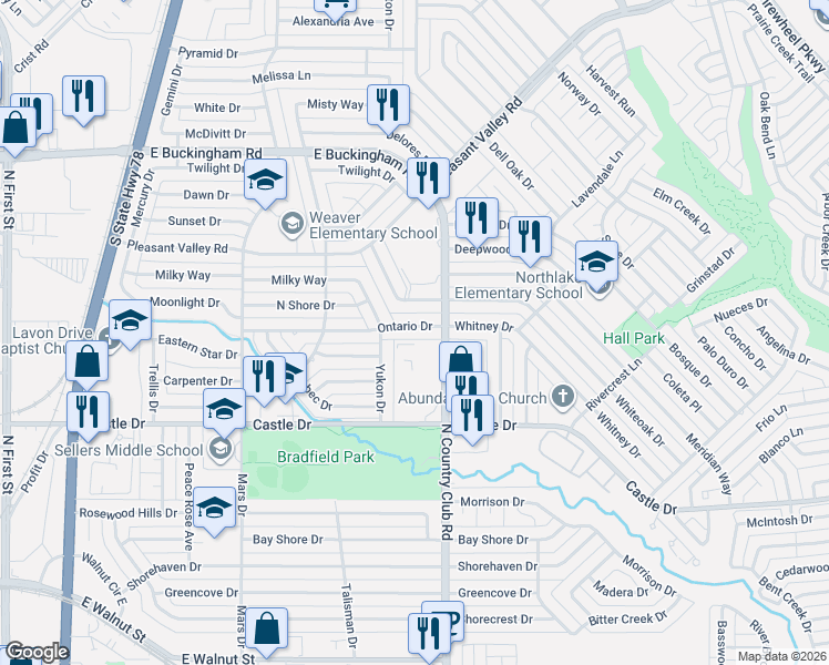 map of restaurants, bars, coffee shops, grocery stores, and more near 1314 Ontario Drive in Garland