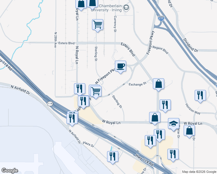 map of restaurants, bars, coffee shops, grocery stores, and more near 8616 Freeport Parkway in Irving