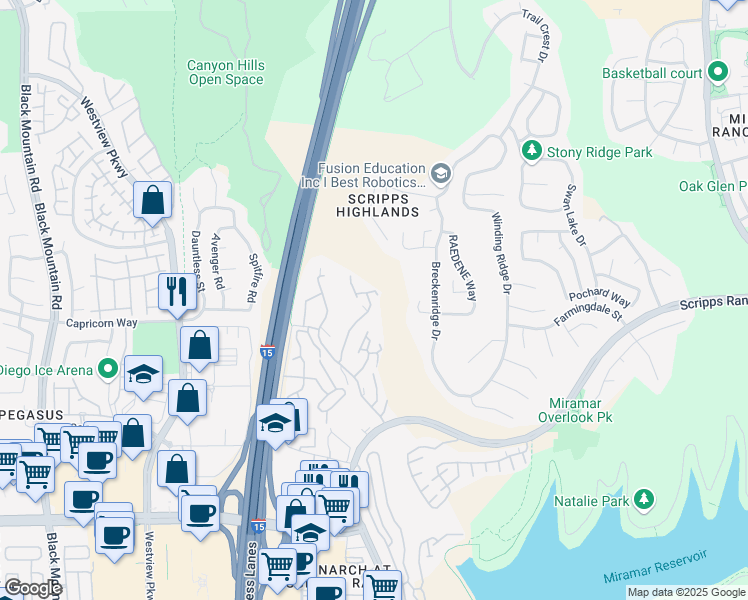 map of restaurants, bars, coffee shops, grocery stores, and more near 11365 Affinity Court in San Diego