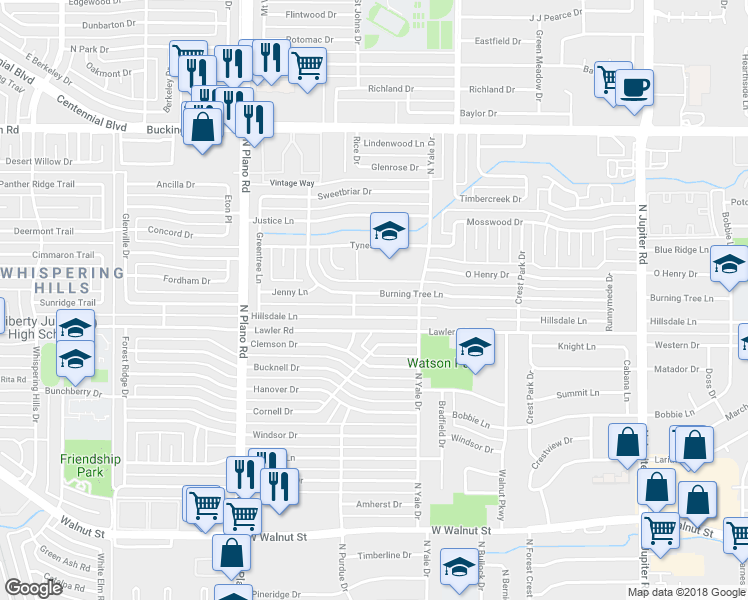 map of restaurants, bars, coffee shops, grocery stores, and more near 4110 Burning Tree Lane in Garland