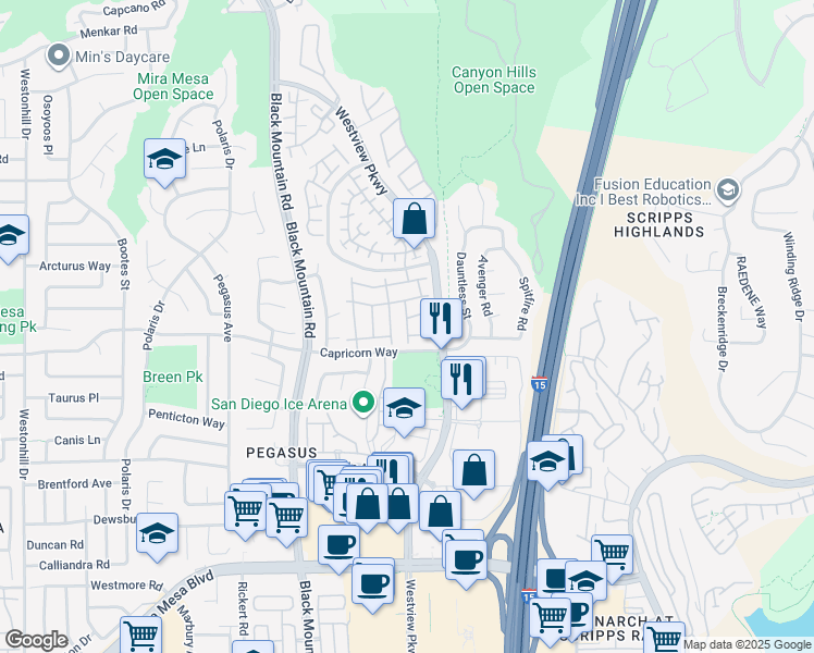map of restaurants, bars, coffee shops, grocery stores, and more near 9624 Capricorn Way in San Diego