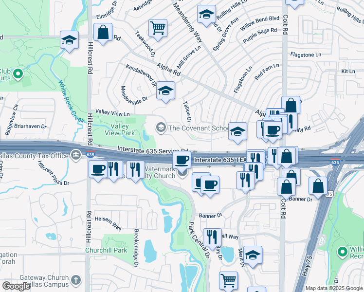 map of restaurants, bars, coffee shops, grocery stores, and more near 7373 Valley View Lane in Dallas