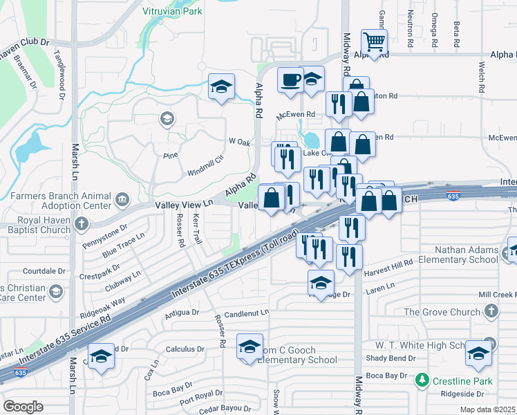 map of restaurants, bars, coffee shops, grocery stores, and more near 13207 Saint Lawrence Circle in Dallas