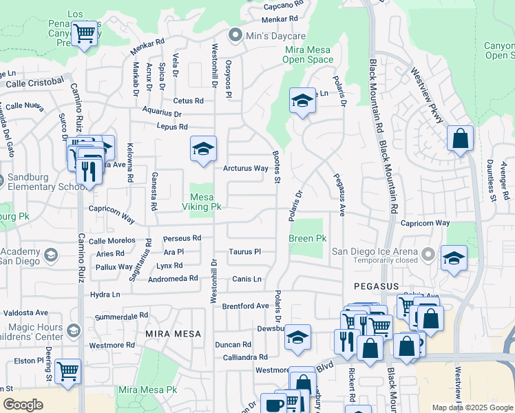 map of restaurants, bars, coffee shops, grocery stores, and more near 8859 Corvus Place in San Diego