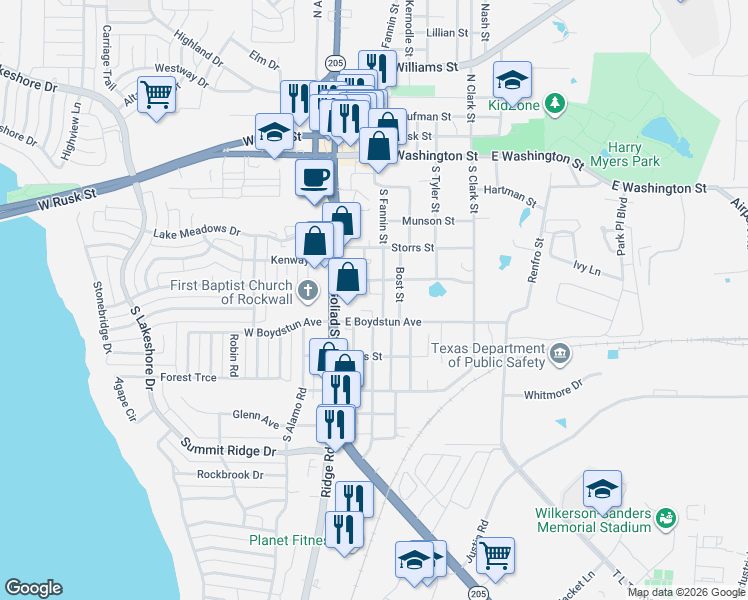map of restaurants, bars, coffee shops, grocery stores, and more near 212 Saint Mary's Place in Rockwall