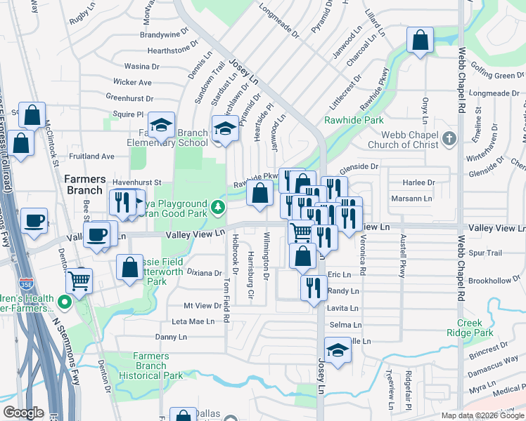map of restaurants, bars, coffee shops, grocery stores, and more near 13305 Wilmington Drive in Farmers Branch
