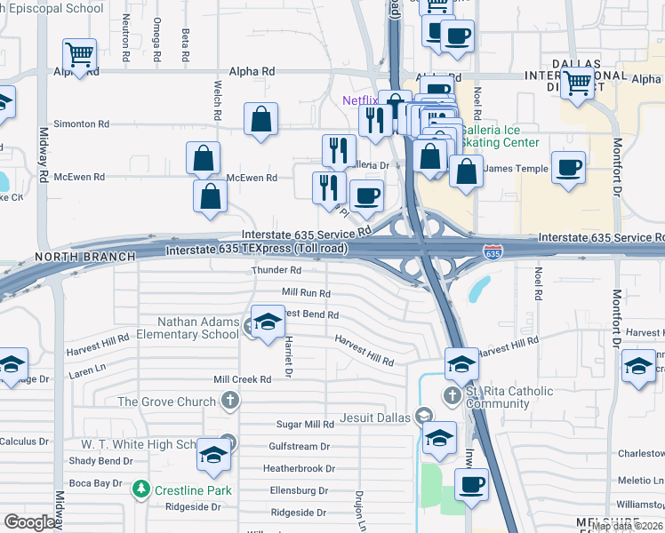 map of restaurants, bars, coffee shops, grocery stores, and more near 4907 Thunder Road in Dallas