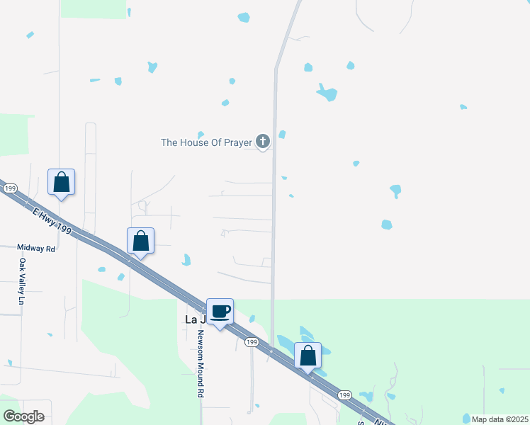 map of restaurants, bars, coffee shops, grocery stores, and more near 1001 Shady Lane in Springtown