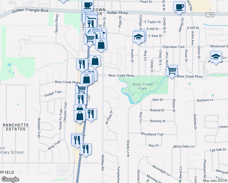 map of restaurants, bars, coffee shops, grocery stores, and more near 207 Park Place Court in Keller